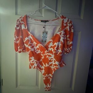 Boohoo Bold Orange and White Floral Bodysuit